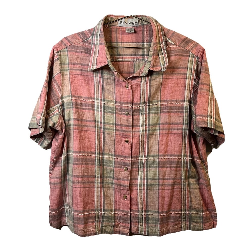 Dressbarn Woman Pink Green Beige Plaid Woven Collared Button-Up Shirt 1X